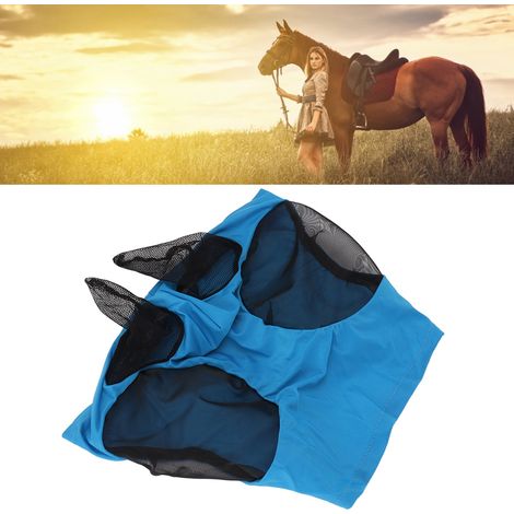 Máscara antimoscas elástica y transpirable para caballos con protección para las orejas – Azul (1/5)