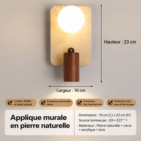 Applique murale 23 cm en travertin jaune et bois de noyer avec spot LED lumière chaude style wabi-sabi 23cm 45 × 28 × 25 cm 2 g – Livraison gratuite