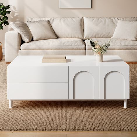 Mesa de centro rectangular de 100x50x39,5 cm con 2 cajones y 2 puertas, almacenamiento cerrado, estructura estable, color blanco. (1/5)