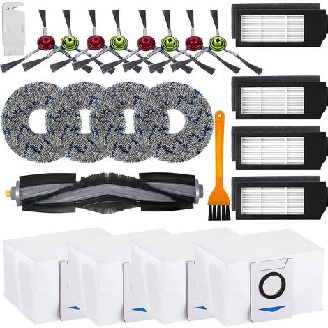 23 Stück Ersatz-Zubehör-Set für Ecovacs DEEBOT X1 Turbo/Omni, 1 Hauptbürste, 2 Reinigungsbürsten, 4 HEPA-Staubsauger Filter, 4 Wischtücher, 4 Staubsaugerbeutel, 8 Seitenbürsten (1/5)