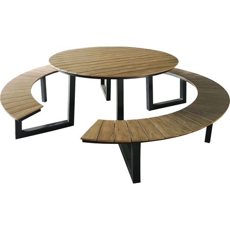 Axi Taco Table De Pique-Nique Ronde En Teck & Anthracite Pour 6 Personnes - 200 X 190 Cm  Table De Pique-Nique / Picnic Table / Banc De Pique-Nique Rond Pour Adultes En Aluminium & Polywood