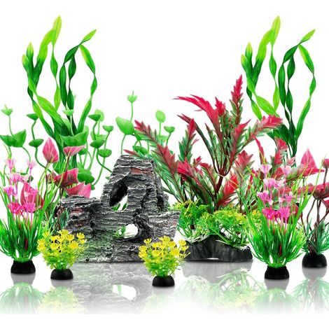 Aquarium Decoration Plante, Plantes Artificielle Aquarium Deco et Rocher Polyrésine Grotte Ornement, Cachette Décoration pour Aquarium Poissons, 12 Pièces (1/5)