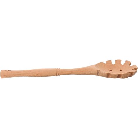 Cuillère pâtes bois hêtre passoire, trou égouttage, manche rond naturel, pratique cuisson/service pâtes (1/5)