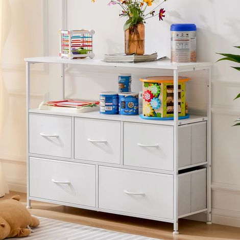 Cheminée meuble TV commode pour chambre à coucher avec 5 tiroirs en tissu placard de rangement poitrine vêtements rangement vitrine meubles-BLANC (1/2)