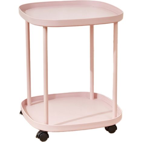 Étagère de chevet de luxe à double niveau, amovible et à roulettes, idéale pour le salon ou la chambre d'étudiant (rose). (1/4)