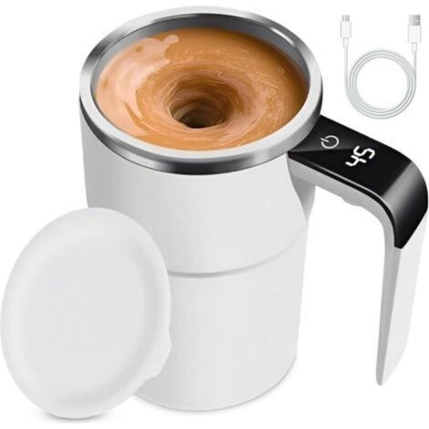Tasse à mélangeur automatique, en acier inoxydable, pour café, thé, chocolat chaud, lait, cacao, protéines (modèle 2 blanc) (1/5)