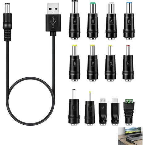 Câble d'Alimentation Universel USB vers DC, Câble USB 5V vers DC 5.5×2.1mm avec 13 Adaptateurs Interchangeables, Cordon Universel USB vers Jack pour Routeur Caméra Haut-Parleur Mini PC Électronique 5V (1/5)