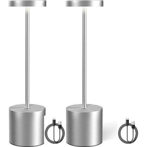 Lampe de table sans fil, rechargeable et à intensité variable pour salle à manger, terrasse, chambre et table de chevet, lot de 2 (argent) (1/5)