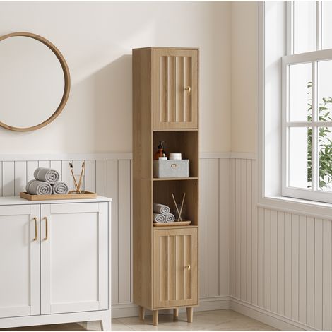 Mueble alto de baño 32 x 30 x 169 cm, 2 puertas, estantes abiertos, roble DESVIAE (1/5)