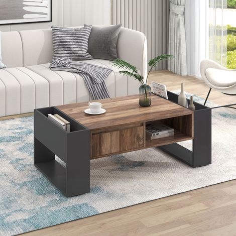 Wood grain coffee table, with a handleless drawer, a storage compartment and rear storage compartment, double-sided storage. With storage compartments on both sides.Office, living room sofa table