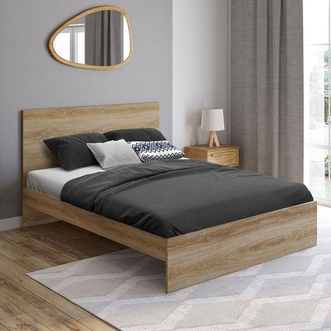 Cama de matrimonio con cabecero y somier OMAHA 140x190 cm efecto haya (1/5)