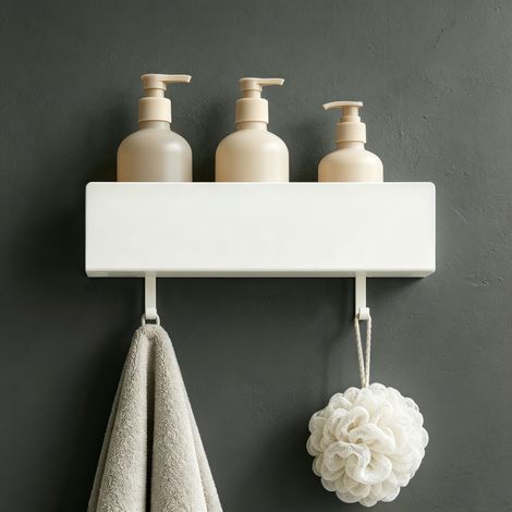 Mai & Mai Étagère Murale de Rangement en Acier Carbone Porte-Serviettes au Mur Support Rangement à Poser à Susprendre avec Crochets pour Salle de Bain Cuisine Blanc 400×100×90 MM Reglo-18 (1/5)