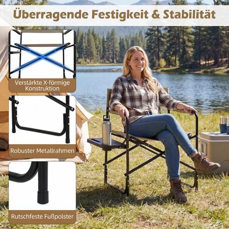 Chaise de réalisateur pliable jusqu'à 150 kg, chaise de camping avec table d'appoint, porte-boisson et fente - marron (1/5)