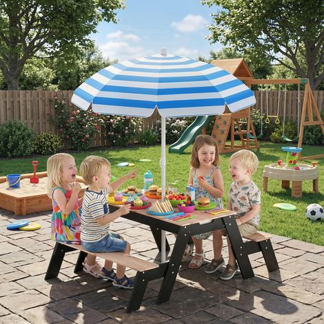 Table de pique-nique pour enfants avec parasol, ensemble de mobilier de jardin en bois 3 en 1 pour enfants de 3 à 6 ans avec 2 coffres de rangement, bois naturel (1/5)