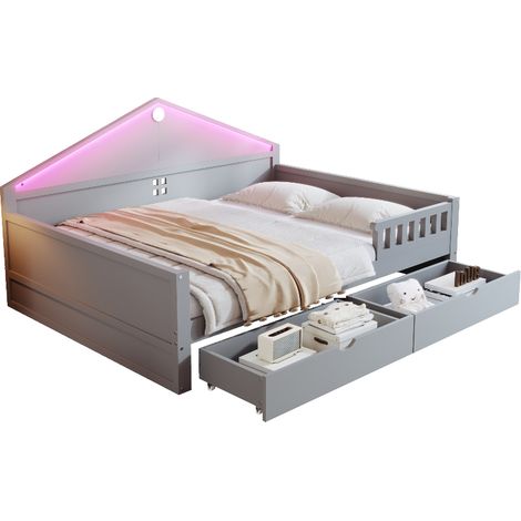 Jugendbett 140x200 cm mit 2 Schubladen und App-gesteuerter LED-Beleuchtung, Holzbett inklusive Lattenrost, Multifunktionsbett für mehr Stauraum, Grau (1/5)