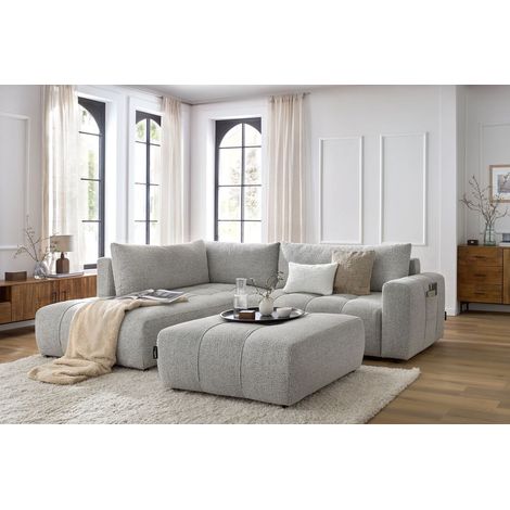 Bobochic – Canapé d'angle L convertible coffre avec pouf – 4 places – Tissu chiné gris clair – Méridienne généreuse – Rangement optimisé (1/5)