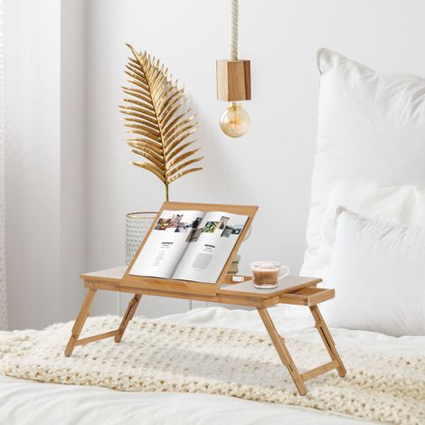 Tablette de lit pliable et inclinable pour ordinateur portable avec tiroir, 72x35x22-30, couleur bois (1/5)