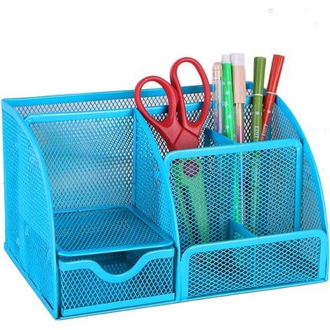 Porte-stylos à 6 compartiments et 1 tiroir - Organiseur de bureau - Maille - Métal - Bleu (1/5)