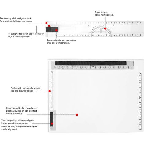 Zeichenbrett im A4-Format mit leichtgängigen Führungsschienen, präziser Kartierungsablage, markiertem Hilfswerkzeug und funktionalem Design zum Zeichnen und Messen. (1/5)