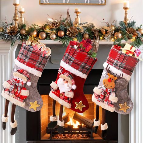 Lot de 3 Chaussette de Noël, Flanelle, 34x18 cm, Rouge Gris, Décoration Sapin Cheminée Enfant (1/5)