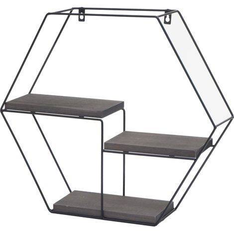 Scaffale mensola portaoggetti pensile 3 ripiani HHG-608 esagonale 43x49x11cm ferro verniciato legno grigio scuro (1/5)