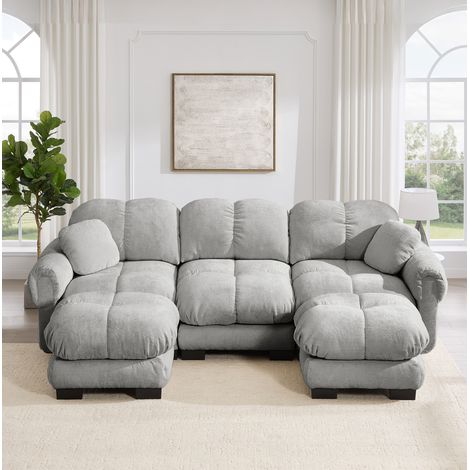 Canapé en U 3 places avec ottomane mobile et 2 coussins déco, chenille, gris clair OKMYHOME (1/5)