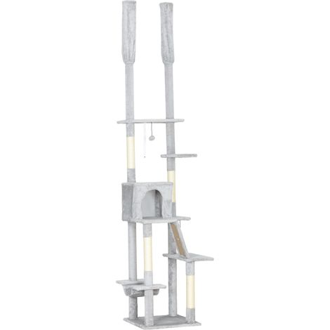 Albero tiragraffi per gatti da terra a soffitto 48 x 48 x 225-255 cm stabilità amaca soffice stile minimalista in peluche grigio chiaro 210007740