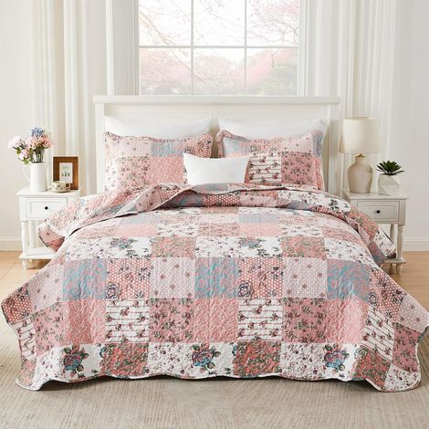 Qucover Couvre-lit Patchwork de Style américain à Motif Floral, Couvre-lit matelassé en Polyester léger et Respirant, Couverture matelassée (Rose, 220x230cm) (1/5)