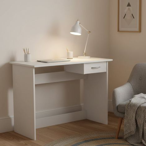 Dmora - Escritorio Oise, Escritorio multiusos, Mesa de oficina para PC, El plan de trabajo, 101x49 h76 cm, Blanco mate (1/5)