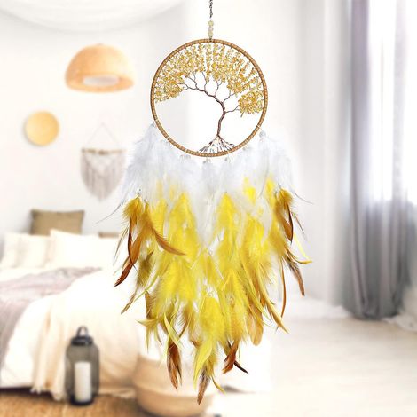 Artisanat Bohème Arbre de Vie Capteur de Rêves en Cristal avec Plumes, Décoration Murale pour Chambre et Mariage, Jaune (1/5)