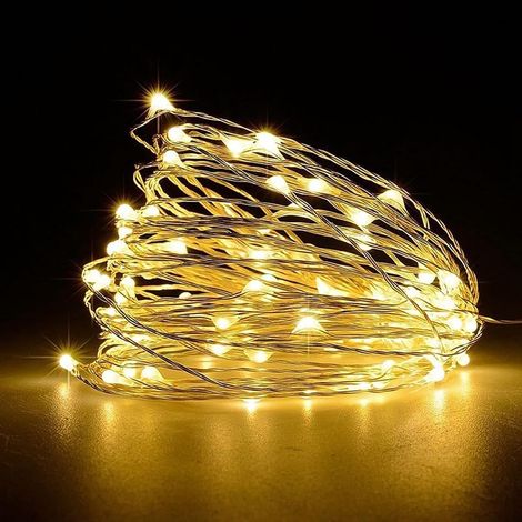 Guirnalda de luces LED de alambre de cobre con 100 luces LED a pilas para interiores y exteriores, ideal para decorar dormitorios, bodas, fiestas y árboles de Navidad (10 m, blanco cálido) [Clase ener (1/5)