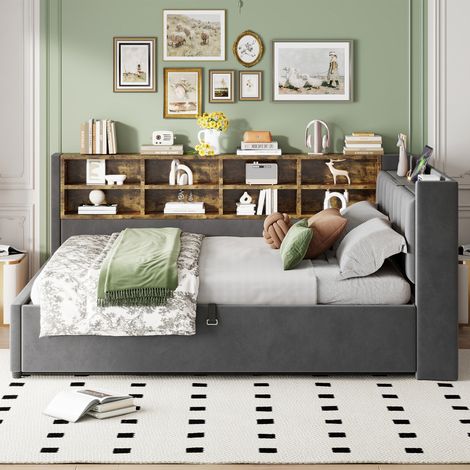 Canapé-lit capitonné velours gris anthracite 140x200 cm, rangement hydraulique, éclairage LED, ports USB-C intégrés, étagères latérales, tête de lit rembourrée, lit convertible multifonctionnel avec t (1/5)