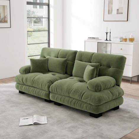 Canapé d’angle modulable en chenille vert, 2 coussins lombaires, 2 déco (1/5)