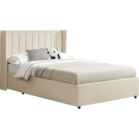 Letto imbottito Savona Beige 120 x 200 cm Struttura del letto con morbida imbottitura, rivestimento in velluto e ampio spazio di archiviazione (1/2)