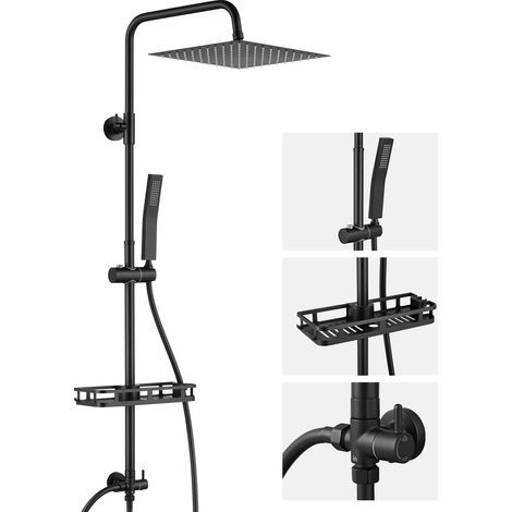 Colonne Douche Inoxydable avec Douchette,Réglable en Hauteur,Ensemble Douche Pluie Murale sans Robinet avec Pommeau Douche 25x25cm/Étagère,Noir (1/5)