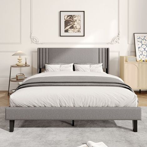 Cama 140x200 - Marco tapizado en lino gris - Cabecera con rayas verticales - Somier de lamas incluido - Patas negras delgadas