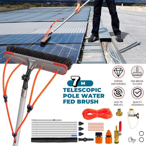Kit Perche Telescopique Nettoyage Panneaux Solaires Extensible a 7 m, avec Tete de Brosse PP Rotative 180°, Tuyau 20 m, Outil de Nettoyage Alimentee en Eau, pour Vitres Domestique, Exterieur (1/5)