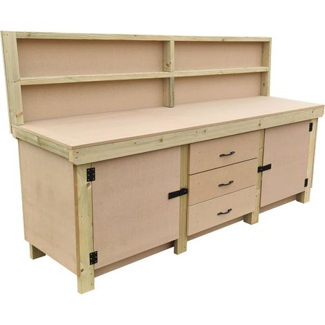 Wooden work bench with drawers and double lockable cupboard (V.8) (H-90cm, D-70cm, L-210cm) with back panel