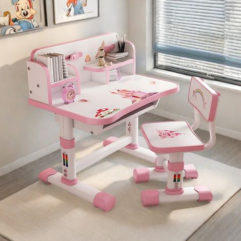 Bureau enfant - Ensemble table et chaise, hauteur réglable, motif dessin animé, 75,5 × 48,5 × 101 cm, rose.