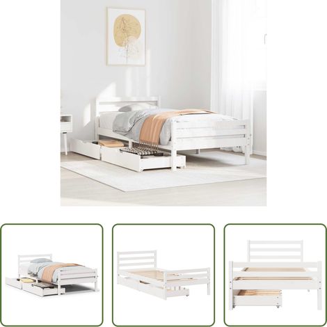 vidaXL Tiroir sous lit - Cadre de lit sans matelas blanc 100x200 cm bois de pin massif (1/5)