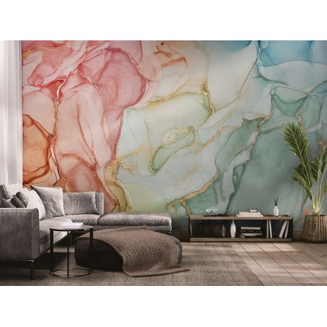 Papier peint Abstrait – encres pastel aux lignes dorées - 150 x 250 cm (1/2)