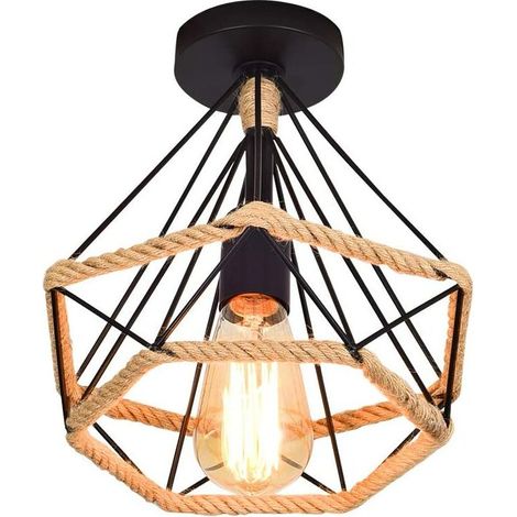 Plafonnier Industrielle en forme Diamant 25cm en Métal Fer, Lampe de Plafond Cage avec Corde de Chanvre Luminaire pour Salon Cuisine Chambre Décoration BLOW (1/5)