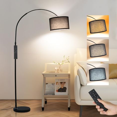 Lampadaire arc noir 165-180cm – Dimmable avec télécommande – Abat-jour en lin marron 33cm – Éclairage LED E27 pour salon et chambre – Anten