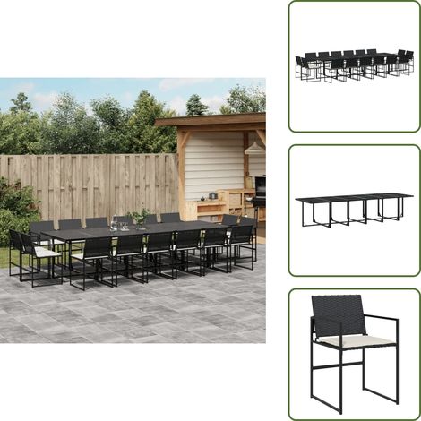 The Living Store 17-tlg. Garten-Essgruppe mit Kissen Schwarz Poly Rattan - Gartengruppe - Gartenmöbelset - Esstisch - Gartenstühle - PE-Rattan