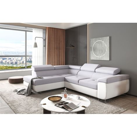 Ecksofa Sofa JADE Stoff Soft / Paros Weiss-Hellgrau mit Schlaffunktion Ottomane Links (1/2)