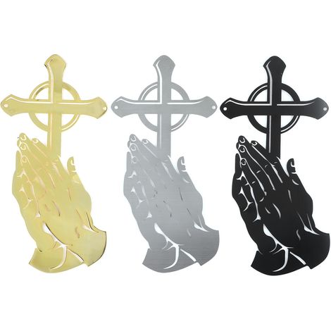Lot de 3 décorations murales mains en prière paisibles avec croix religieuse, ornements de jardin. (1/5)