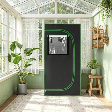 Serra da interno 60x60x120 cm, con prese d'aria regolabili e finestre, rivestimento interno argentato, Oxford e acciaio, nero verde (1/5)