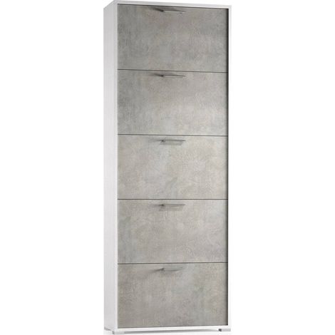 Dmora Schuhregal Margherita, Mehrzweck - Eingangsmöbel mit 5 Klapptüren, Moderner Schuhschrank, 100% Made in Italy, Cm 67x18h184, Beton und Weiß