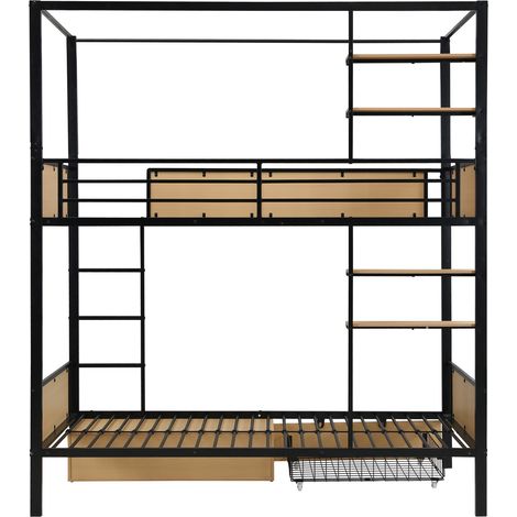Letto a castello in ferro e MDF 90 x 200 cm nero e naturale con vani ed mensole laterali (1/5)