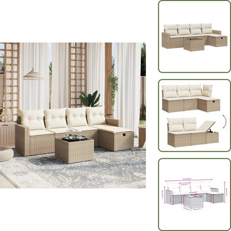 6-tlg. Garten-Sofagarnitur mit Kissen Beige Poly Rattan - Gartenmöbel - Outdoor-Möbel - Rattanmöbel - Sofasatz - Esstischset (1/5)